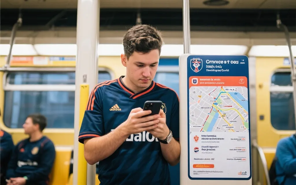 球迷在城市公共交通中出行的场景，手持手机查看路线与比赛日提示